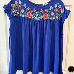 JODIFL Royal Blue Floral-Embroidered Flutter Sleeve Tunic